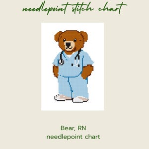 May include: A needlepoint stitch chart featuring a brown bear wearing a light blue medical uniform and a stethoscope. The text "needlepoint stitch chart" is written in green cursive at the top, with "Bear, RN" and "needlepoint chart" at the bottom.