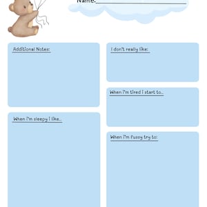 May include: A light blue baby journal page with a watercolor illustration of a teddy bear holding blue balloons. The page includes prompts for the child's name, additional notes, and preferences.