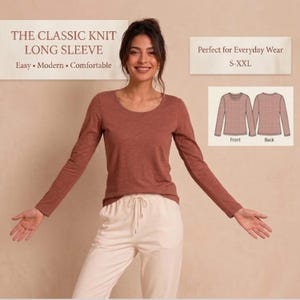 May include: A long-sleeve knit shirt in a solid terracotta color with a round neckline. The image includes text reading THE CLASSIC KNIT LONG SLEEVE, Easy, Modern, Comfortable, Perfect for Everyday Wear, S-XXL, and a diagram showing front and back views.