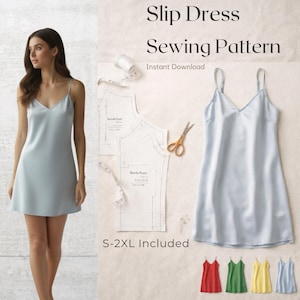 May include: A pale blue slip dress with a V-neck and thin straps. The image includes a sewing pattern, scissors, and a tape measure. Text reads "Slip Dress Sewing Pattern Instant Download S-2XL Included."