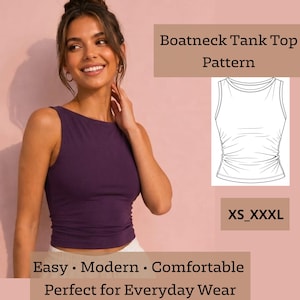 Könnte beinhalten: Ein dunkelviolettes ärmelloses Tanktop mit U-Boot-Ausschnitt. Das Bild enthält eine schwarz-weiße Strichzeichnung des Tanktop-Schnittmusters sowie den Text "Boatneck Tank Top Pattern" und "XS_XXXL" auf hellrosa Hintergrund.