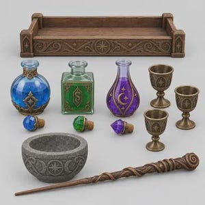 May include: A collection of fantasy-themed items including a wooden tray, three glass potion bottles with colored liquid, three matching corked crystal stoppers, three metallic goblets, a stone mortar, and a carved wooden wand.