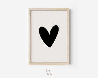 Black Heart Print | Minimal Nursery Wall Art Printable | Modern Kids Room Decor | Neutral Playroom Poster | Digital Download
