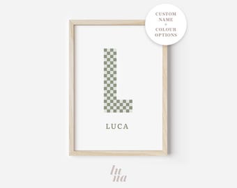 Personalized Checkered Initial & Name Print | Custom Nursery Wall Art | Modern Kids Decor | Digital Download