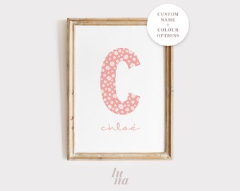 Personalized Daisy Pattern Initial & Name Print | Custom Nursery Wall Art | Modern Kids Decor | Digital Download