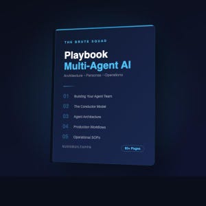 Puede incluir: Un manual azul oscuro titulado "Playbook Multi-Agent AI" con texto blanco. La portada incluye el texto "THE BRUTE SQUAD" y enumera temas como Arquitectura, Personas y Operaciones. El libro tiene más de 80 páginas.