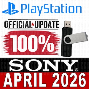May include: Image features the PlayStation logo and the words "OFFICIAL UPDATE" and "100%" in bold text. A black USB drive with a silver metal clasp is on the right. The text "SONY" and "APRIL 2026" are also displayed.