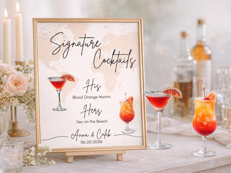 Travel Themed Signature Cocktail Sign Template, His & Her Drinks, Bride ...