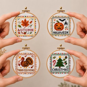 Celebrate the seasons with four charming mini cross stitch designs: Autumn, Halloween, Thanksgiving, and Christmas.
