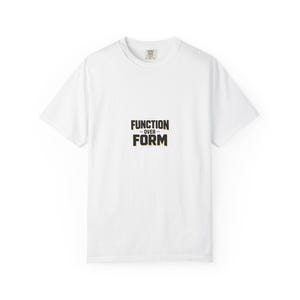 May include: White t-shirt with the text "FUNCTION OVER FORM" in black block letters. The shirt has a crew neck and short sleeves. The shirt is made of a soft, comfortable material.