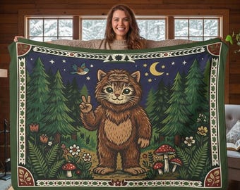 Sasquatch Kitty Sherpa Fleece Blanket | Bigfoot Cat Funny Cute Woodland Mushroom Throw