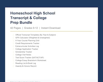 Transcriptsjabloon voor thuisonderwijs | Voorbereidingsbundel middelbare school colleges 9-12 | GPA-calculator pdf