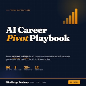 Peut inclure: Graphique bleu foncé avec le texte "AI Career Pivot Playbook" en blanc et orange. L'image comprend le texte "De l'inquiétude à l'embauche en 90 jours" et d'autres détails sur le guide, tels que "90 jours de plan" et "12 feuilles de calcul".