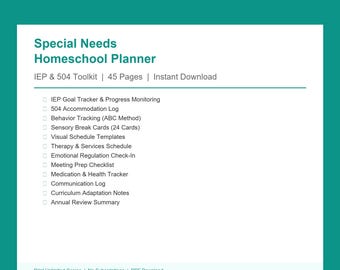 Special Needs Homeschool Planner | IEP 504 Goal Tracker Accommodation Log | Printable PDF Download