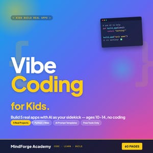 May include: A colourful graphic advertising "Vibe Coding for Kids." The design includes a gradient background, coding examples, and text promoting the program's focus on building apps with AI for ages 10-14, using Python and web tools. The image also mentions "5 Real Projects."