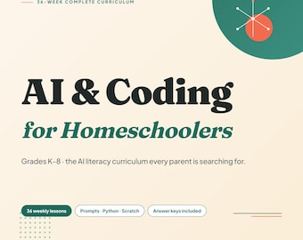Curriculum KI en programmeren voor het basis- en voortgezet onderwijs thuisonderwijs | Bundelwerkbladen van 16 pagina's Lesplannen Scratch Python Prompt Engineering Afdrukbare pdf