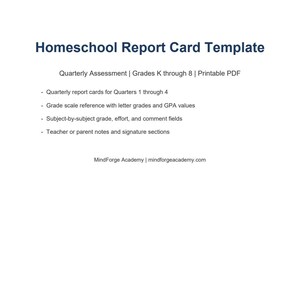 Op de afbeelding: Een digitaal document getiteld Homeschool Report Card Template voor groep K tot en met 8. Het bevat kwartaalbeoordelingen, een cijferschaal met GPA-waarden, vakspecifieke velden, commentaarvelden en ruimtes voor handtekeningen.