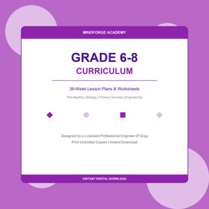 May include: A digital curriculum for grades 6-8, with the text "GRADE 6-8 CURRICULUM" prominently displayed. The design includes the text "MINDFORGE ACADEMY" at the top and "INSTANT DIGITAL DOWNLOAD" at the bottom, set against a purple background.