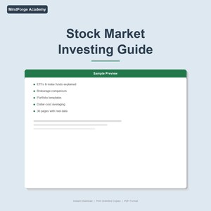 May include: A digital guide titled "Stock Market Investing Guide" with the MindForge Academy logo. The guide includes topics like ETFs, brokerage comparisons, and portfolio templates. The sample preview is displayed in a green box with bullet points. The guide is available for instant download.