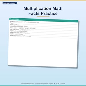 May include: A digital document titled "Multiplication Math Facts Practice" by MindForge Academy. The preview includes a list of contents such as times tables, drills, games, practice sheets, and crossword puzzles. The document is available for instant download in PDF format.
