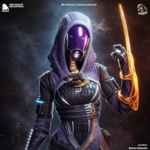 Könnte beinhalten: Digitales Kunstwerk eines futuristischen Charakters in einem lila-schwarzen Anzug mit Helm, der eine goldene Waffe hält. Der Text "HIGH-QUALITY PRE-SUPPORTS" und "PATREON.COM/BULKAMANCER" ist enthalten.