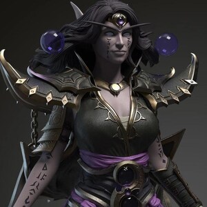 Könnte beinhalten: Detailliertes 3D-Rendering eines Fantasy-Charakters mit dunklem Haar, spitzen Ohren und aufwendiger Rüstung. Der Charakter trägt ein schwarz-goldenes Outfit mit lila Akzenten, darunter ein Schärpe und dekorative Elemente. Zwei schwebende lila Kugeln sind sichtbar.
