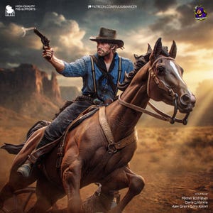 May include: A digital illustration of a cowboy riding a brown horse and firing a gun. The cowboy wears a hat, blue shirt, and suspenders. The background features a desert landscape and a sunset. The image includes text that says "HIGH-QUALITY PRE-SUPPORTS" and "PATREON.COM/BULKAMANCER".