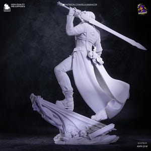 May include: A light gray resin figurine of a warrior standing on a ruined base with skulls. The figure wears a long coat and armor, holding a large sword over the shoulder. Text on the image includes HIGH-QUALITY PRE-SUPPORTS and BULKAMANCER.