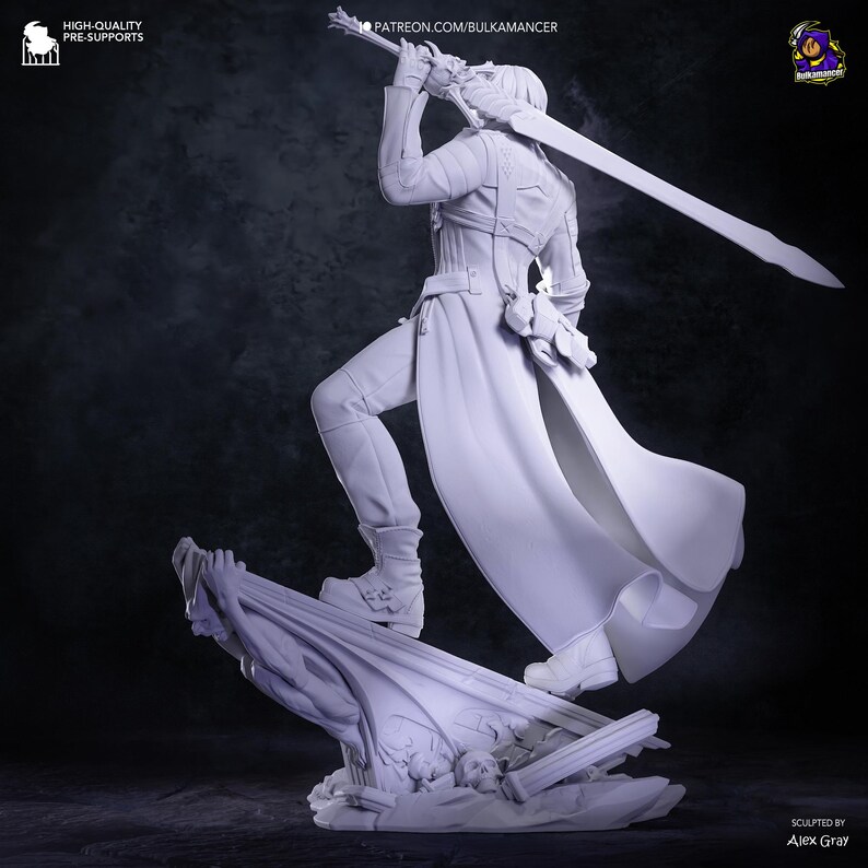 May include: A light gray resin figurine of a warrior standing on a ruined base with skulls. The figure wears a long coat and armor, holding a large sword over the shoulder. Text on the image includes HIGH-QUALITY PRE-SUPPORTS and BULKAMANCER.