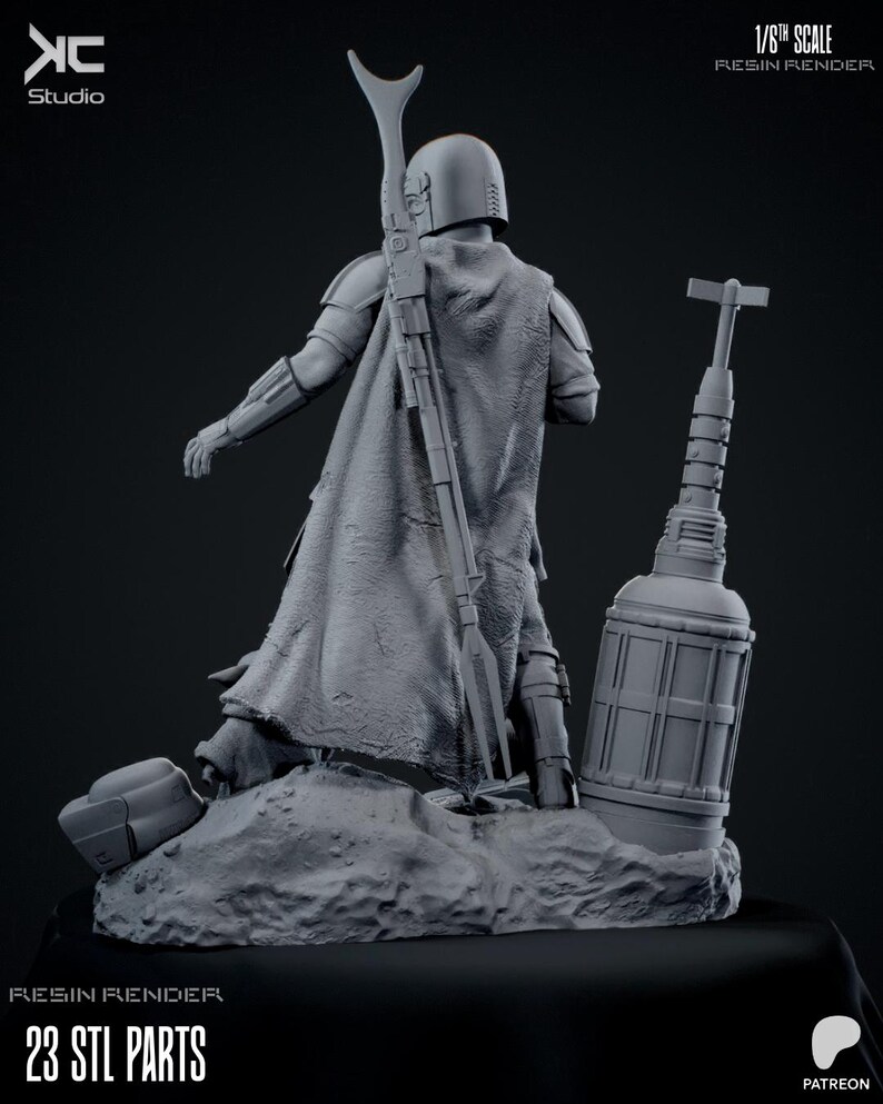 May include: A gray resin render of a Mandalorian figure, posed with a rifle and other accessories. The figure is standing on a rocky base. The image includes text that reads "1/6th Scale Resin Render" and "23 STL Parts."
