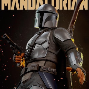 May include: A detailed image of The Mandalorian, a character from the Star Wars series, in full armor. The figure is holding a blaster pistol and a rifle. The image has a dark background with the text "THE MANDALORIAN" at the top.