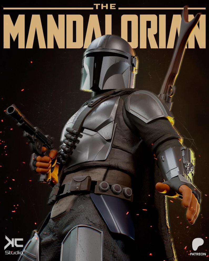 May include: A detailed image of The Mandalorian, a character from the Star Wars series, in full armor. The figure is holding a blaster pistol and a rifle. The image has a dark background with the text "THE MANDALORIAN" at the top.