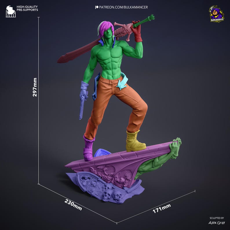 May include: A green-skinned humanoid figurine with pink hair, wearing orange pants and gloves, holding a large sword and a pistol. The figure stands on a purple base with skull details, measuring 297mm tall, 230mm wide, and 171mm deep.
