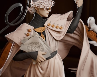 May include: A detailed resin figurine of a wizard wearing a tall pointed hat, a flowing beige robe with gold buttons, and a dark high-neck garment underneath. The figure holds a scroll with circular symbols and wears small round glasses, with a small white creature perched on a curved structure nearby.