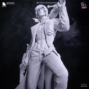 May include: A monochromatic gray 3D printed figurine of a character with spiky hair, wearing an open jacket over a bare chest, and trousers. The figure holds a large sword with a skull detail on the shoulder and a handgun in the right hand.