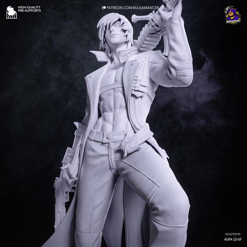 May include: A monochromatic gray 3D printed figurine of a character with spiky hair, wearing an open jacket over a bare chest, and trousers. The figure holds a large sword with a skull detail on the shoulder and a handgun in the right hand.