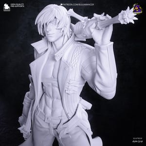 May include: A monochromatic 3D printed figurine of a muscular character with layered hair, wearing an open jacket over a bare chest, holding a large spiked mace over the shoulder. The figure features intricate textures and detailed clothing elements.