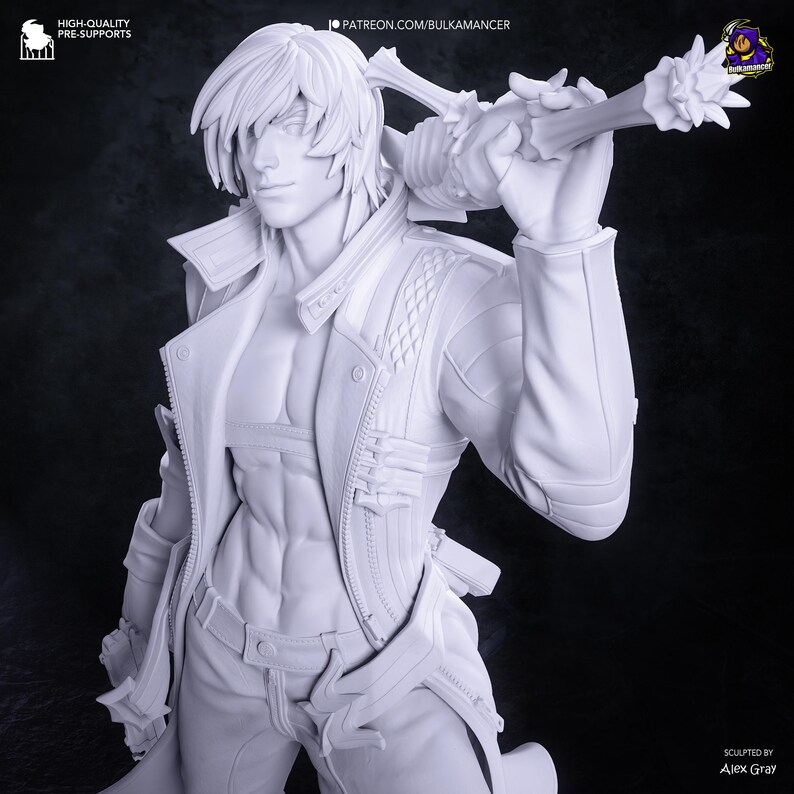 May include: A monochromatic 3D printed figurine of a muscular character with layered hair, wearing an open jacket over a bare chest, holding a large spiked mace over the shoulder. The figure features intricate textures and detailed clothing elements.