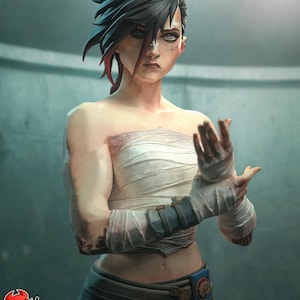 May include: A digital art image of a person with short black hair with red highlights, a white bandage top, and wrapped hands. The person has a serious expression and a tattoo on their face. The image has the text "PATREON HELL CREATOR" in the bottom left corner.