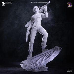 May include: A monochromatic gray resin figurine of a muscular character standing on a decorative base. The figure holds a large sword over one shoulder and a handgun in the other hand. Text on the image includes HIGH-QUALITY PRE-SUPPORTS, PATREON.COM/BULKAMANCER, and SCULPTED BY ALEX GRAY.