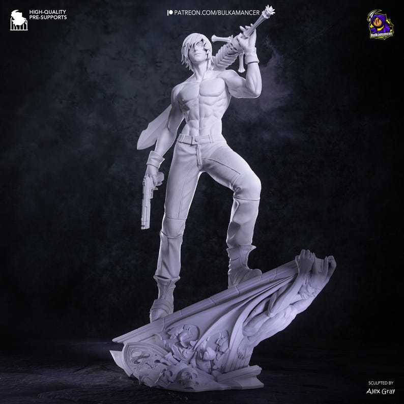 May include: A monochromatic gray resin figurine of a muscular character standing on a decorative base. The figure holds a large sword over one shoulder and a handgun in the other hand. Text on the image includes HIGH-QUALITY PRE-SUPPORTS, PATREON.COM/BULKAMANCER, and SCULPTED BY ALEX GRAY.