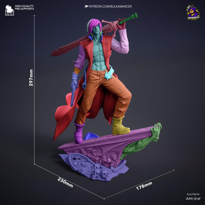 May include: A multi-colored resin figurine of a character with pink hair, wearing a red coat, tan pants, and yellow boots, holding a sword and pistol. The base features skulls and architectural details, measuring 297mm by 230mm by 178mm.