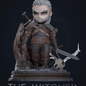 Geralt Chibi Statue – Witcher Inspired Resin Figure | 16K 3D Printed Model Kit | Unpainted Collectible