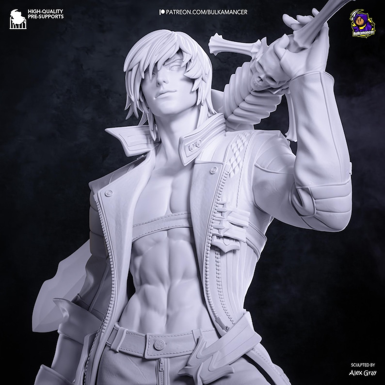 May include: A white, unpainted resin figurine of a character with layered hair, wearing an open jacket over a bare chest, and holding a large sword with a skull-shaped hilt over the shoulder. The figure features detailed abdominal muscles.