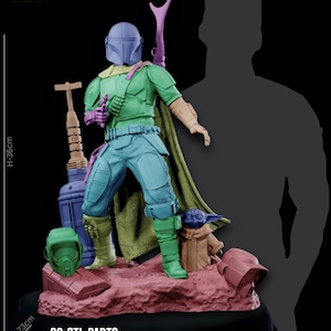 May include: A detailed resin render of a Mandalorian action figure, 36 cm tall and 26 cm wide, with a green and blue color scheme. The figure is accompanied by a small Grogu figure. The image includes the text "23 STL PARTS".