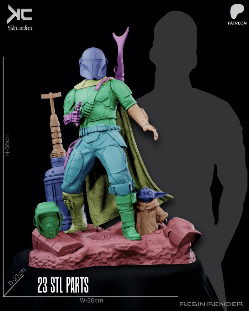 May include: A detailed resin render of a Mandalorian action figure, 36 cm tall and 26 cm wide, with a green and blue color scheme. The figure is accompanied by a small Grogu figure. The image includes the text "23 STL PARTS".