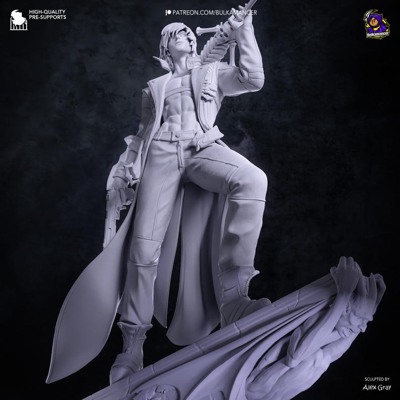 May include: A gray resin figurine of a character with short hair, wearing an open jacket and pants, holding a sword with a skull hilt over one shoulder and a handgun in the other hand. The figure stands atop a base featuring a sculpted creature.