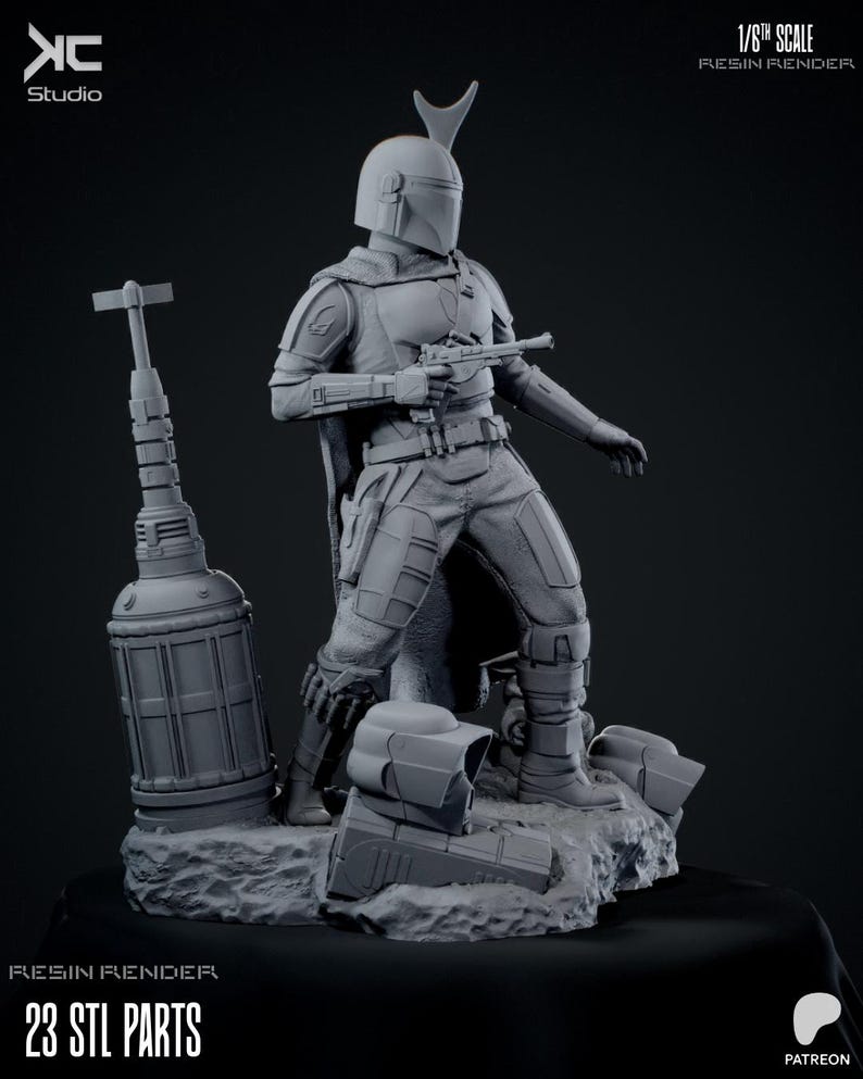 May include: A gray resin render of a Mandalorian figure, holding a blaster pistol. The figure is in a dynamic pose, standing on a rocky base with additional helmet pieces. The image includes text indicating it is 1/6th scale and lists 23 STL parts.