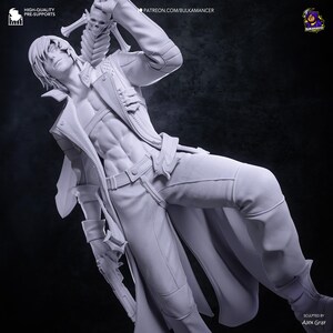 May include: A light gray 3D printed figurine of a character with short hair, wearing an open jacket, pants, and boots. The figure holds a skeletal structure over one shoulder and a firearm in the other hand. Text includes HIGH-QUALITY PRE-SUPPORTS.