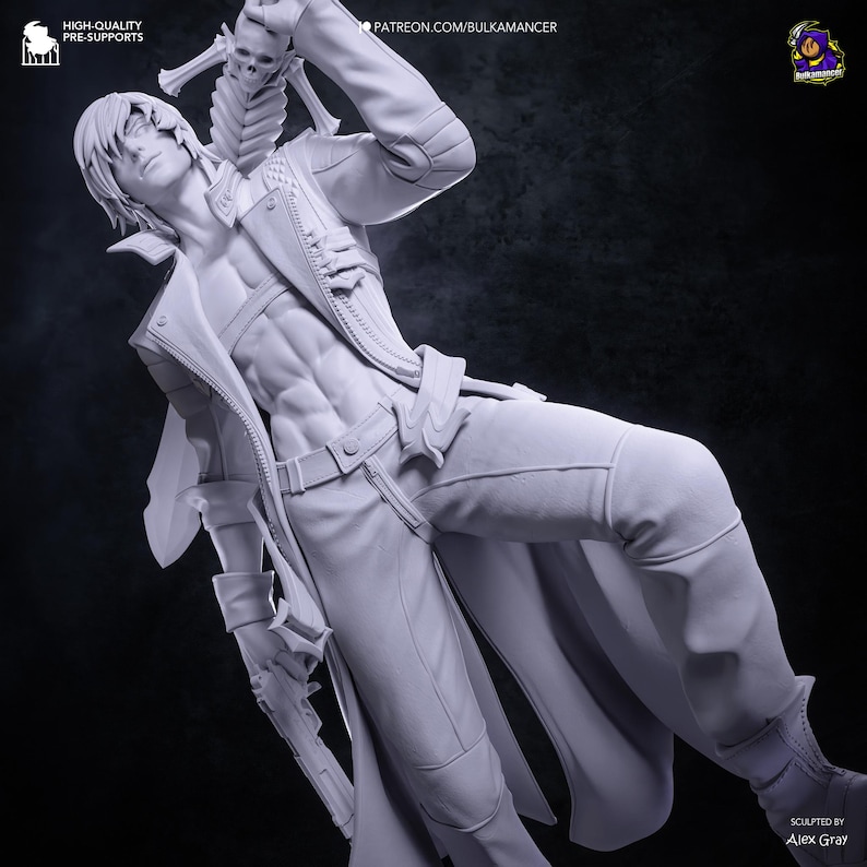 May include: A light gray 3D printed figurine of a character with short hair, wearing an open jacket, pants, and boots. The figure holds a skeletal structure over one shoulder and a firearm in the other hand. Text includes HIGH-QUALITY PRE-SUPPORTS.
